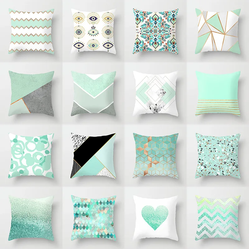 New Ins Mint Green Pillowcase Geometric Glitter Polyester Sofa Decorative Cushion Cover Pillowcase Home Decor 45x45cm