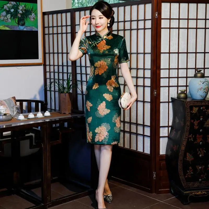 Элегантный цветочный принт китайский стиль Cheongsam велюр Сельма Сексуальная Леди Qipao вечернее платье большого размера 3xl 4xl Vestidos - Цвет: Зеленый
