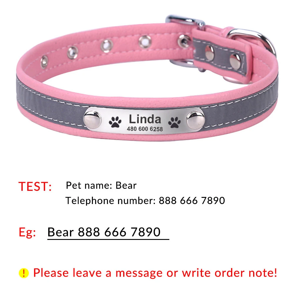 Ошейник для собак из XS-XXL волокна, кожа, индивидуальная Выгравированная, светоотражающий, на заказ, ошейник для щенков, кошек, домашних животных, идентификационная бирка для маленьких, средних и больших собак - Цвет: Pink Dog Collar