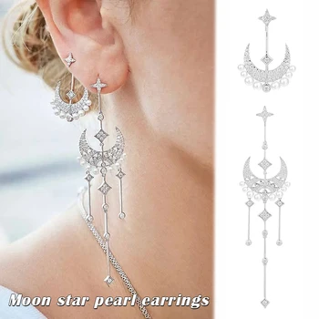 

Moon and Stars Mono Earring with Imitation Pearls Rhinestone Women Jewelry Silver Color TC21