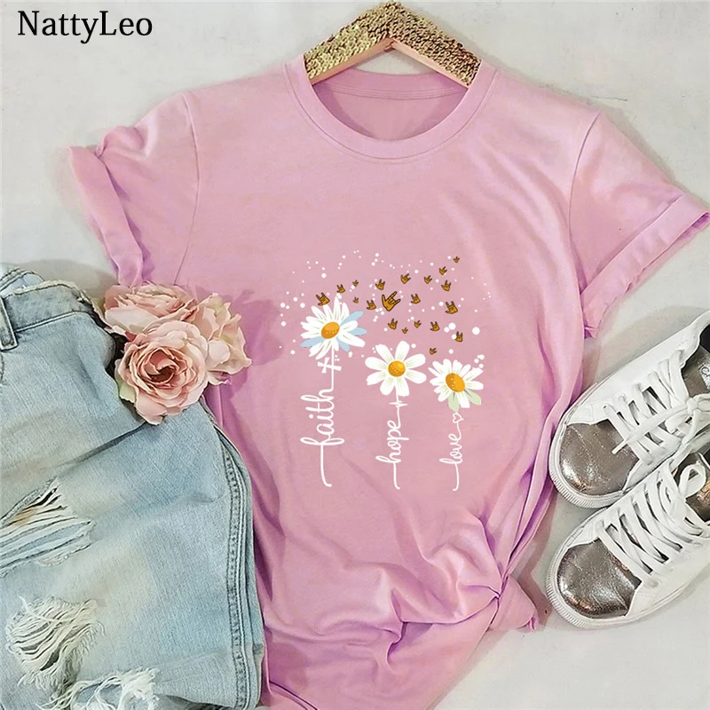 Plus Size Summer T-Shirt Faith Letters Daisies Print TShirt 100%Cotton T Shirt Women O Neck Short Sleeve Top Tee Womens Clothing