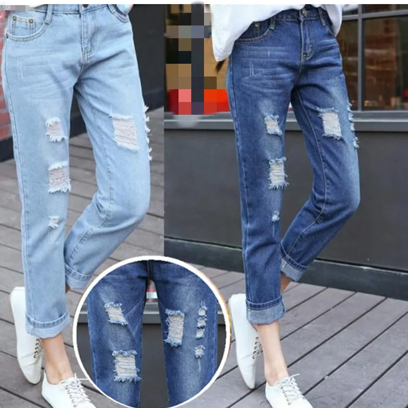 B2371 весна лето новые женские модные тонкие мешковатые нищие джинсы большого размера с дырками дешево оптом