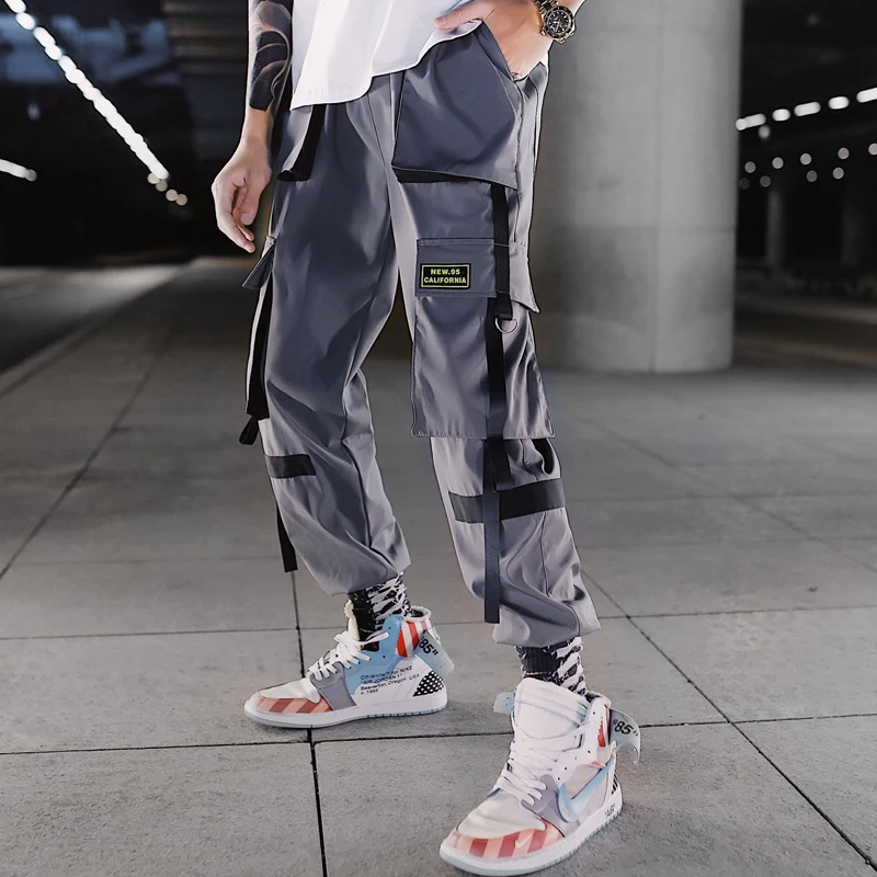 13 Hip Hop Ribbons Cargo Pants Men Joggers Pants Streetwear Men Fashion Mens Elastic Waist Pant Ribbons Cotton Black - Цвет: 13