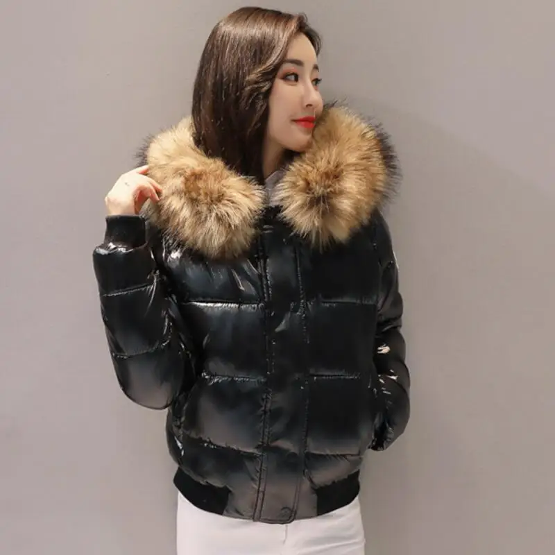 Модная зимняя женская куртка с большим меховым капюшоном, толстая пуховая парка, глянцевая женская куртка, короткое пальто, тонкая теплая зимняя верхняя одежда, новинка