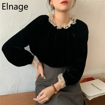 

Elnage Spring Lace Patchwork Round Neck Velvet Tops Long Sleeve Blouse for Women Simple Solid Black Suede Pullover Shirts 5A312