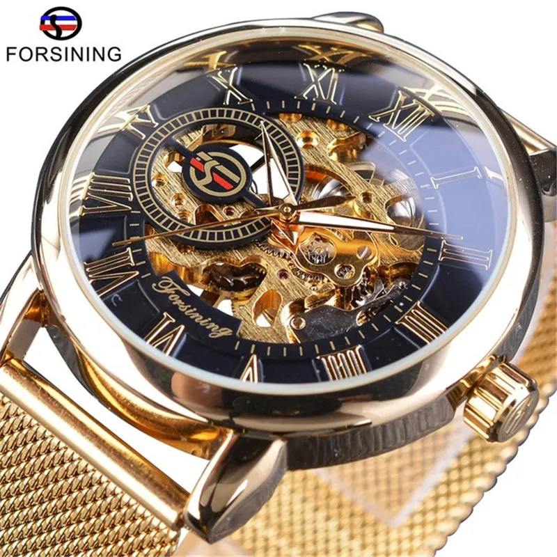 

Table forsining Table Men's Fashion Casual Mesh Belt Hollow out Gold Manual Analog Watch