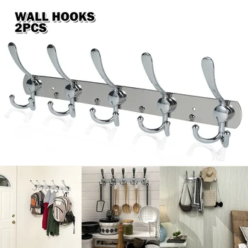 

2PCS 15 Hooks Stainless Steel Wall Mounted Hangers Rack Door Holder Rack Durable Robe Hat Clothes Hooks Kitchen Accessories