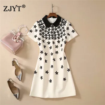 

High Quality Runway Dress Women New 2020 Spring Summer Style Fashion Short Sleeve Floral Print Heavy Beading Dress Party Vestido
