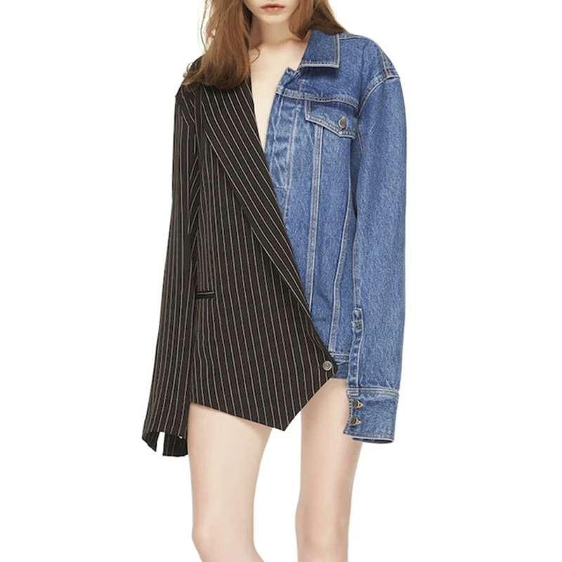 

Autumn Designer Contract Color Woman Jacket Striped Jeans Patchwork Long Sleeve Irregular Woman Loose Coats Streetwear Tops