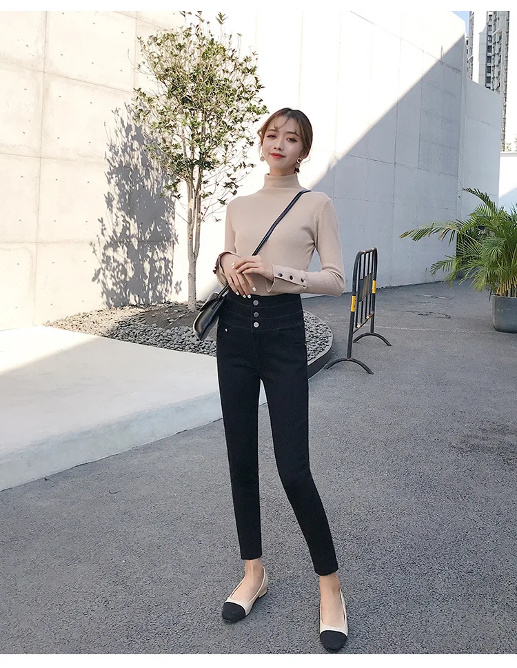 WOMEN'S Jeans Autumn And Winter plus Velvet Ultra High Waist Skinny Pants Women's Slim Fit Korean-style Jeans Black And White wi