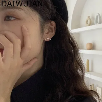 

DAIWUJAN Retro Silver Color Bar Long Thread Tassel Drop Earrings for Women Glossy Geometric Korean Earring Fashion Jewelry 2020