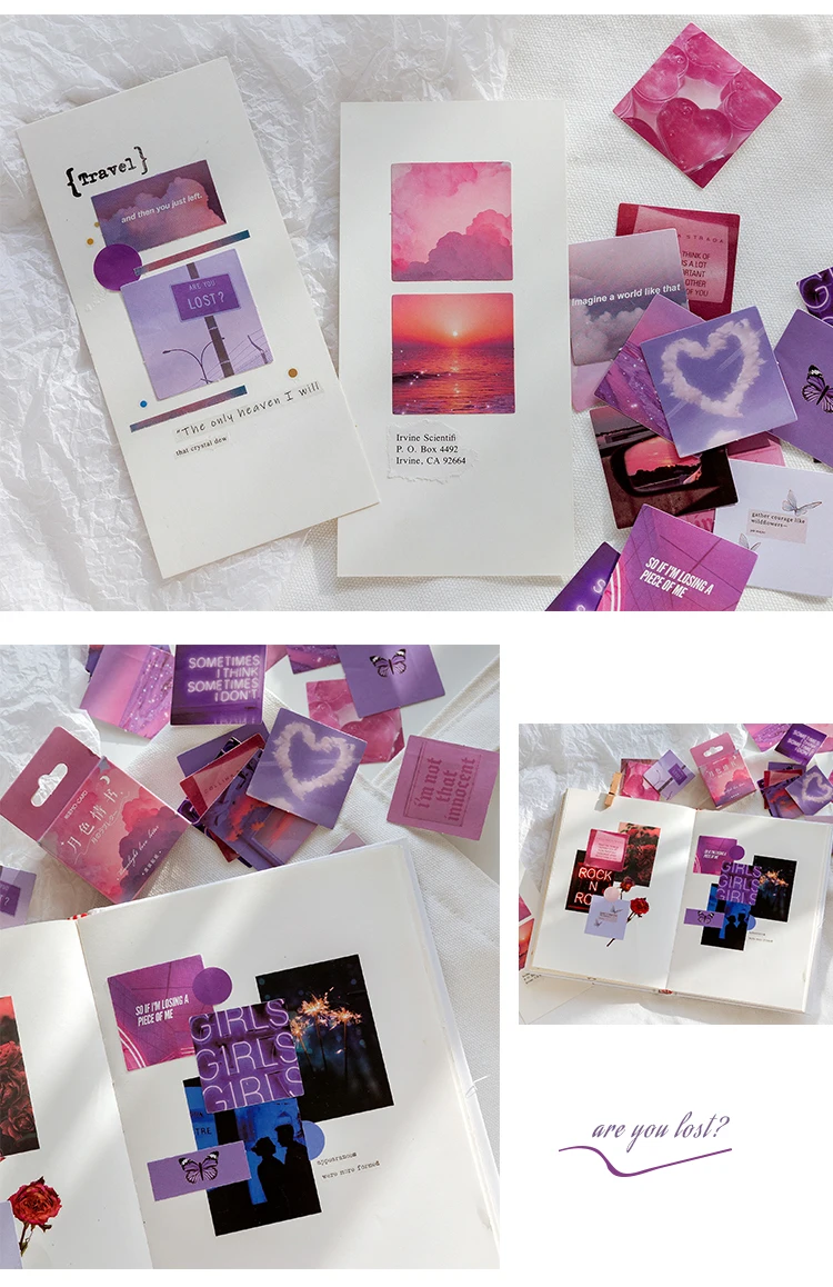Pink Purple Love Material Sticky Diary Stickers Aesthetic Scrapbook Sticker for Notebooks Stationery Supplies Packing 46PCS