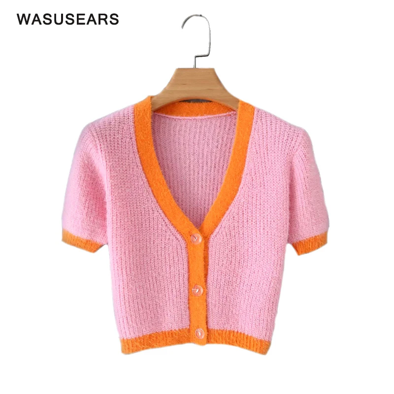 Crop sweater pink Розовый укороченный свитер Женский вязаный сексуальный свитер женский укороченный кардиган женский корейский Кардиган kawaii милый свитер с v-образным вырезом укороченный топ - Цвет: Crop sweater pink