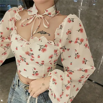 

2020 Summer New Arrival Women Chiffon Blouses Vintage Print Square Collar Long Sleeve Shirts Beach Style Crop Blusas