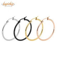 Hapiship卸売女性ゴールド/ローズ/黒色15/20/25/30/40/50/60ミリメートルラウンドリングフープイヤリングステンレス鋼ジュエリーE003(China)