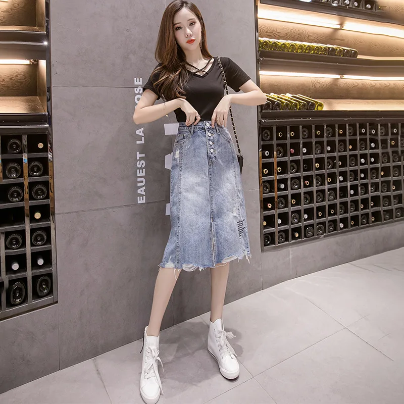 

2019 Summer New Style High-waisted Slimming with Holes WOMEN'S Skirt Mid-length Slit Flash Step A- line Skirt