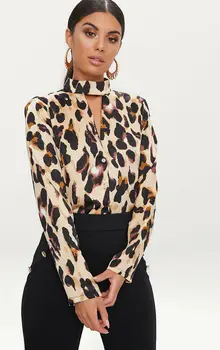 

Womens OL Work Leopard Print Halter Neck Long Sleeve Slim Chiffon Blouse Shirt Tops Formal Blouse