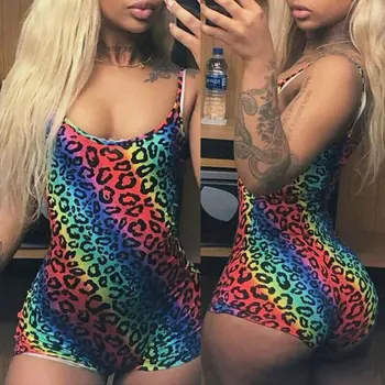 

Summer Womens Romper Rainbow Shorts Mini Jumpsuit Leopard Print Bodycon Strappy Playsuit