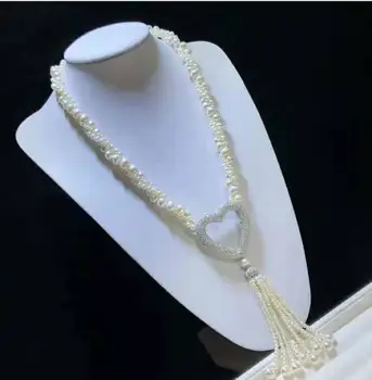 

Fashion jewelry Free Shipping Hand knotted white distorted natural freshwater pearl peach heart micro inlay zircon tassel sweat