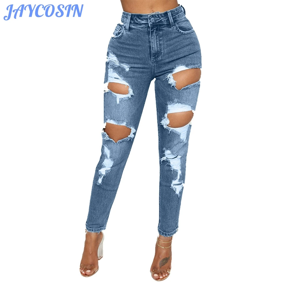 JAYCOSIN Women Clothes Jeans Sexy Skinny Elastic Denim Trousers For Girls Casual Hole Ripped Distressed Pencil Femme 2020 | Женская