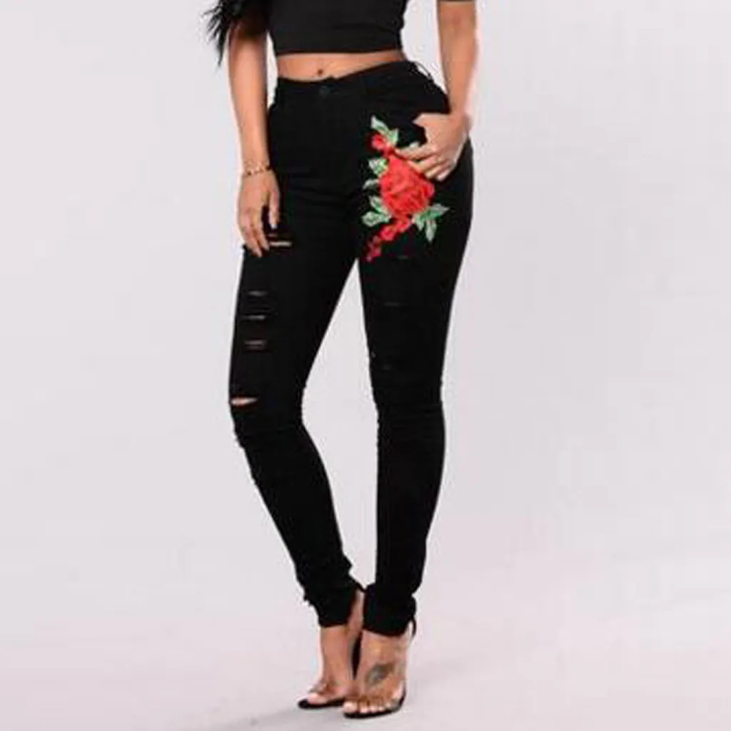 

New Stretch Embroidered Jeans For Women Elastic Flower Jeans Female Slim Denim Pants Hole Ripped Rose Pattern Jeans Pantalon#J30