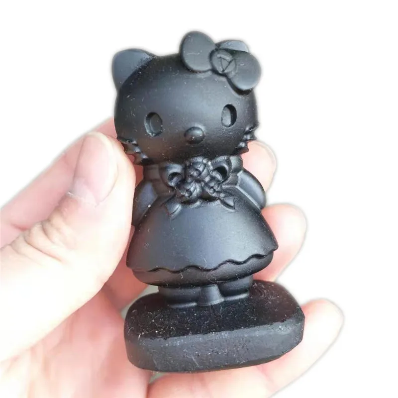 1 шт. натуральный 3D ручной резной обсидиан кварц аниме Хрустальная скульптура Кристалл хеллокитти ремесла для свадебного подарка