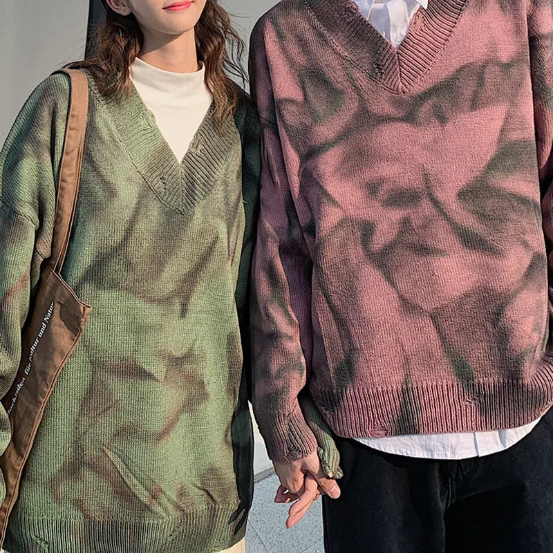 Зимний свитер мужской теплый модный Галстук окрашенный принт Повседневный свитер с v-образным вырезом пуловер Мужской уличная свободный свитер с длинными рукавами