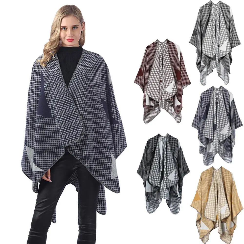 

Winter Cloak Women Soft Cashmere Plaid Cardigan Capes Shawl Coat Ponchos Mujer Invierno Elegantes Cape Poncho Women