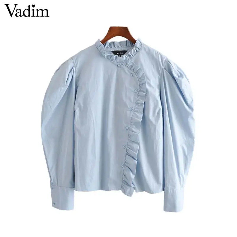 Vadim women basic ruffled collar bouses puff sleeve oversized solid shirts female casual loose style chic tops blusas LB820 | Женская