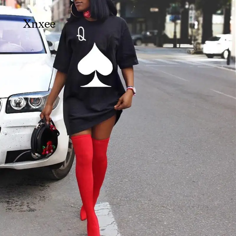

Summer Women Shirt Dress Short Sleeve Bodycon Crewneck Poker Pattern Clothing Pullovers T-Shirt Dresses Sexy Outfits