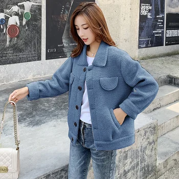 

201909 Korean Lambswool Short Winter Coat Women Lambswool Faux Fur Coat Loose Female Jacket Women Solid Color Teddy Coat