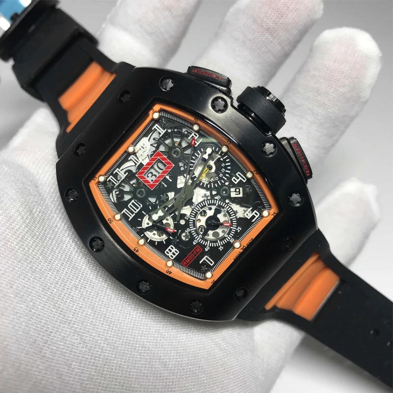 

2020 Mens Skeleton Mechanical luxury Orange watch Black Rubber strap RM011 Top quality 1:1 watches sapphire glass Luminous AAA