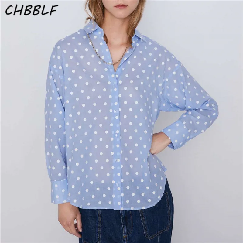 

CHBBLF women retro dot print blouse turn down collar long sleeve shirt vintage chic tops blusas C9752