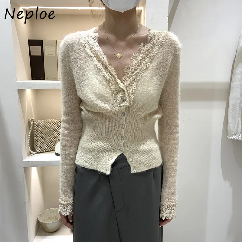 Neploe Temperament Lace Edge Cardigans Woman V neck Slim Single
