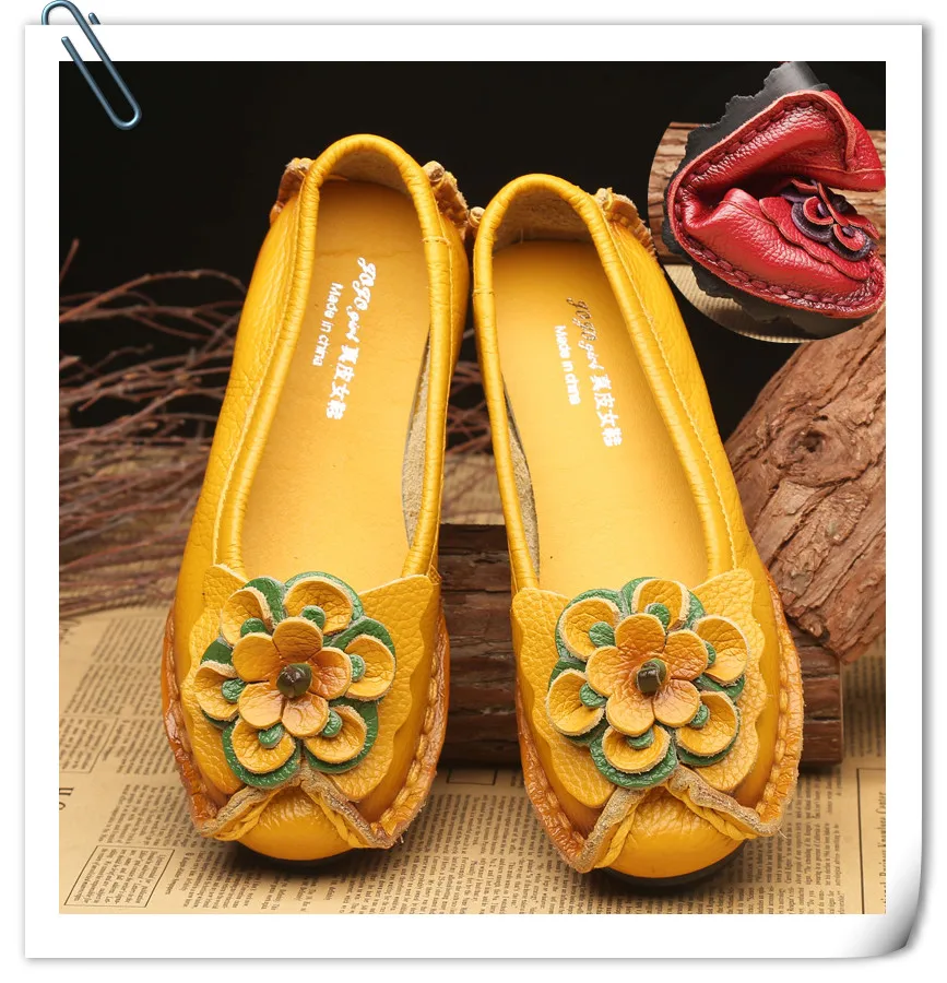 Size 41 Round Toe Women Genuine Leather Flats Autumn Slip On Floral Decor Leather Moccasins Shoes Woman Soft Casual Loafers Mom