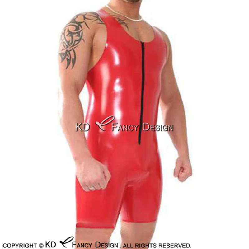 Red Sexy Latex Body Suit With Short Leg Cutting Front Zipper And Crotch Zip Rubber Catsuit