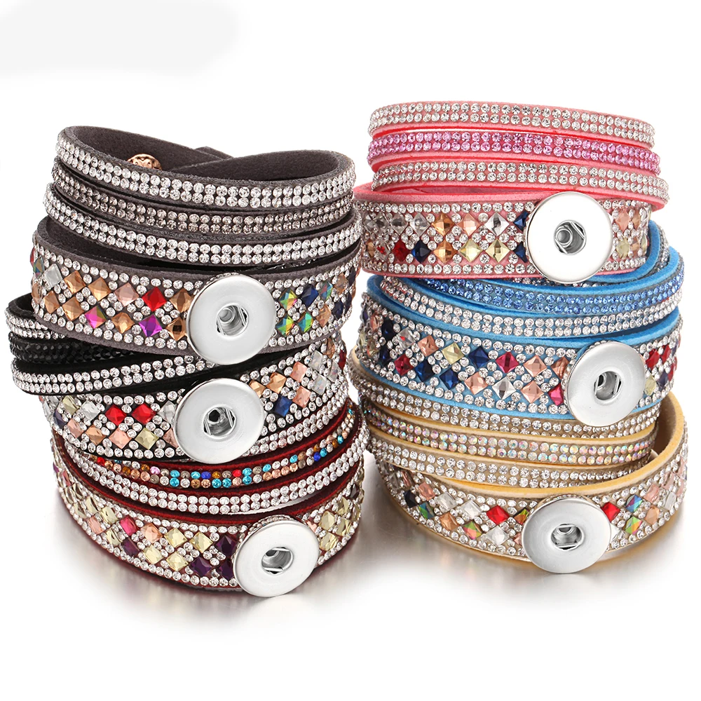 Snap Jewelry Bracelets Rhinestone Multilayer Leather Snap Button