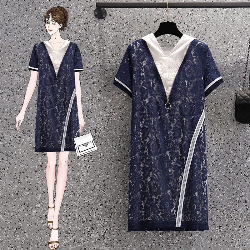 

EHQAXIN Women Pullover Hooded Blue Lace Dresses 2021 Loose Short Sleeve Color Contrast Patchwork Casual Striped Dress