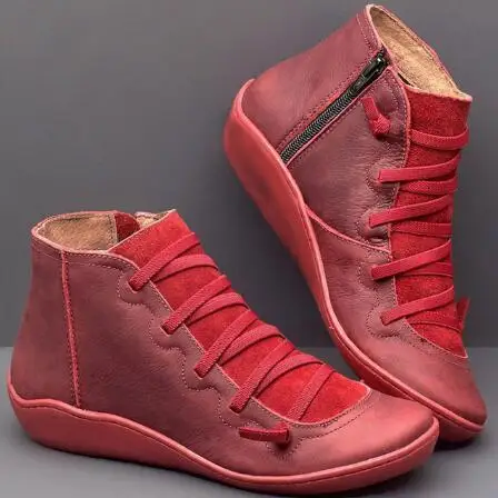 Женская обувь; botas mujer; женские зимние винтажные плюшевые ботильоны из искусственной кожи с перекрестными ремешками в стиле панк; женские полусапожки; женская обувь на плоской подошве - Цвет: Красный