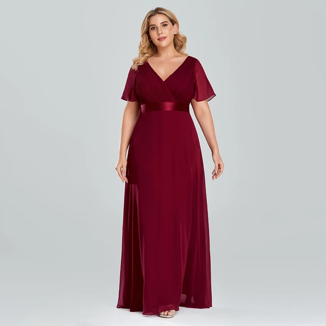 Plus Size Evening Dresses Long XUCTHHC Elegant A Line V Neck Ruffles Chiffon Formal Wedding Party Dress Robe De Soiree 2021 Burgundy