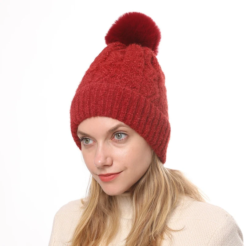 RD 1 шт. дамы Skullies cap Осень Зима Мода Beanie бархат шениль вязание шляпа жаккардовый шарик теплая шерсть рождественские подарки подруге - Цвет: RD
