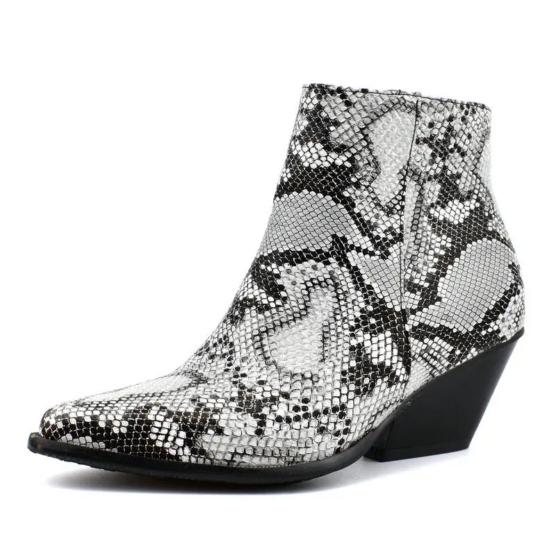 

Women Ankle Boots Fashion Sanke Print Wedges High Heel Western Boots Autumn Winter Pointed Toe Zipper Woman Shoes 2019 New