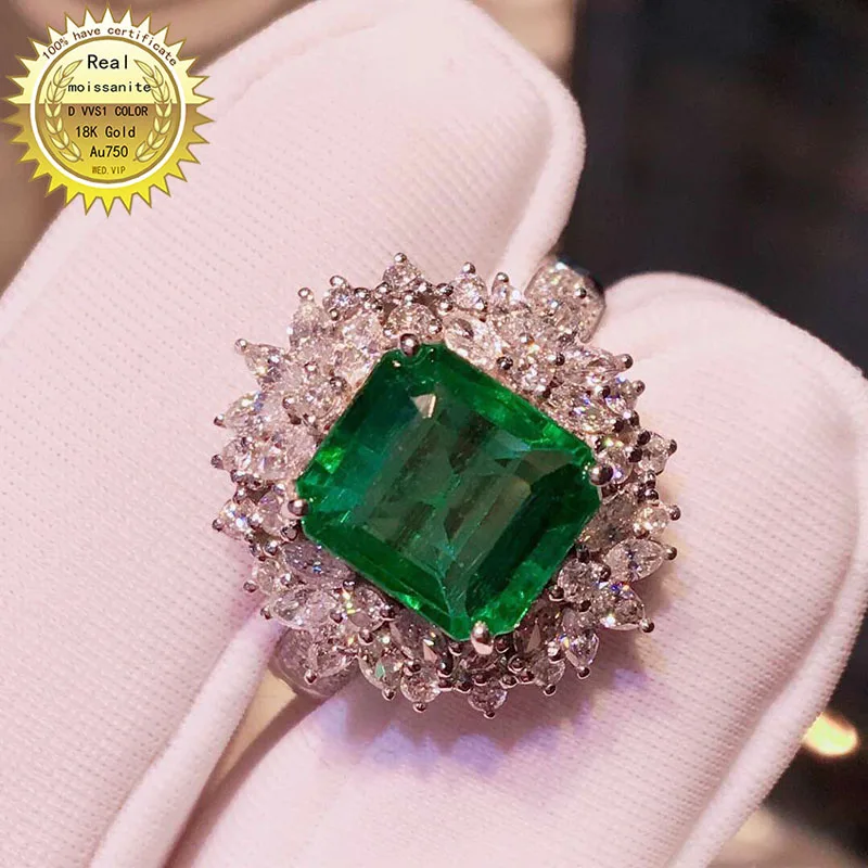 9K Gold ring Lab Created 4ct Emerald and Moissanite Diamond Ring With