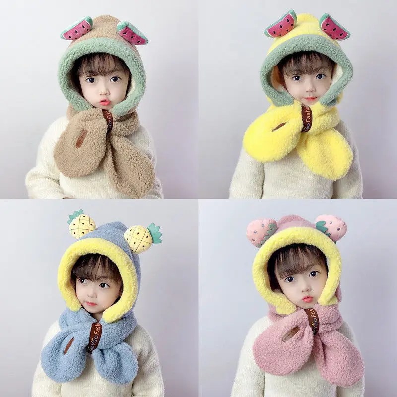

Winter Children Hat Plus Fleece Kids Caps Cartoon Hat For Girls Boys Scarf Thicken Cap Newborn Photography Baby Stuff
