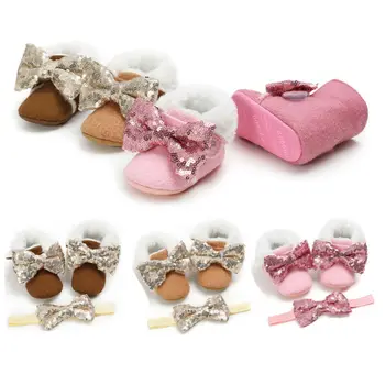 

Winter Warm Newborn Baby Girls Boots Sequins Bow Soft Sole Shoes Toddler Anti-slip Boots Sneakers Prewalker Shoe Comfort Shoe