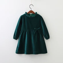 Детское платье; сезон весна-осень; хлопковое вельветовое платье с бантом для девочек с длинными рукавами; воротник с деревянными ушками; осенняя одежда для маленьких девочек