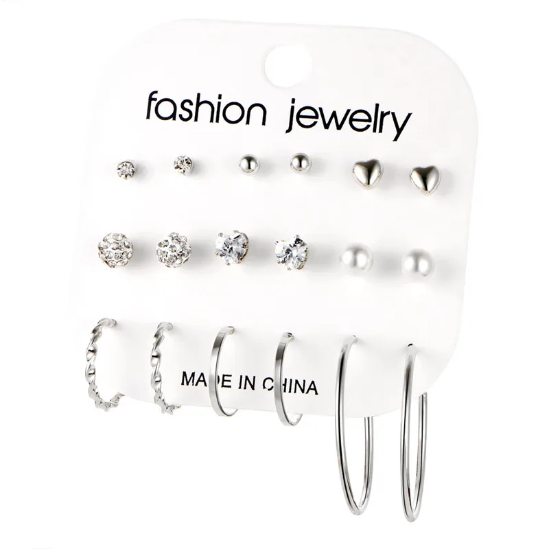 Crystal Stud Earrings Set With Card Zircon Balls Love Flowers Earrings Women Imulated Pearl Earring Kit Wedding Bride  Jewelry 2