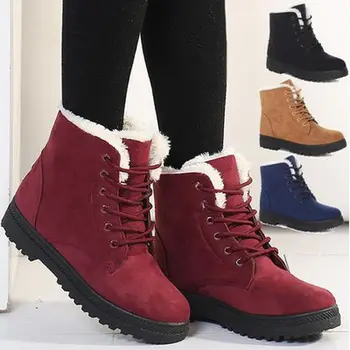 

Snow boots warm fur plush Insole women winter boots square heels flock ankle boots women shoes lace-up winter shoes woman