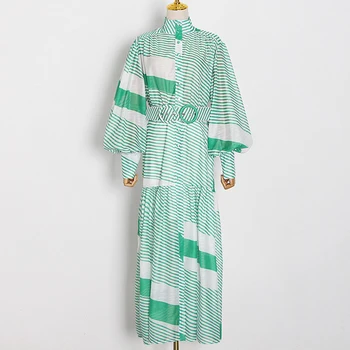 

HIGH QUALITY New 2020 Fashion Designer Runway Dress Women's Turtleneck Lantern Sleeve Sashes Striped shirt long Dress
