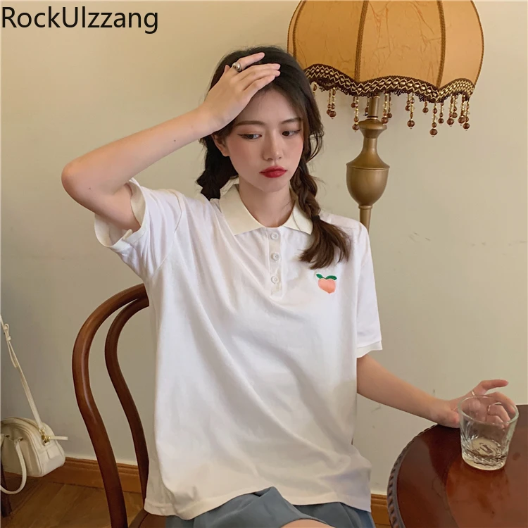 Embroidery Peach Graphic Short Sleeve Button Turndown T-Shirt Girl Top T Shirt Cute Aesthetic Korean Kawaii Student Cloth Casual | Женская